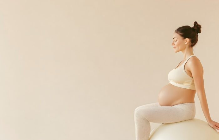 A pregnant white woman with brown hair up in a bun sits on a yoga ball, facing to our left, smiling gently with her eyes closed.